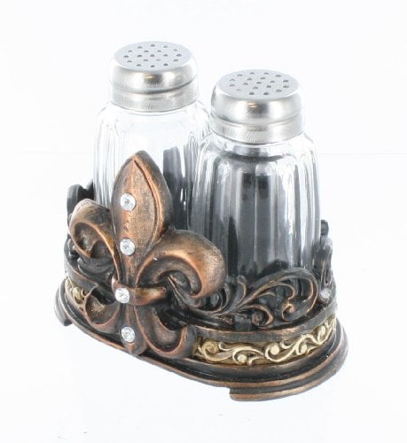 Book Cover Fleur De Lis Salt & Pepper Shaker Set with Glass Shakers - Tuscan Creole Decor