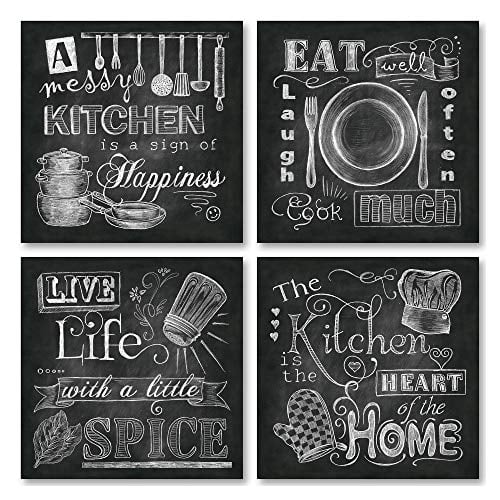 Book Cover Beautiful, Fun, Chalkboard-Style Kitchen Signs; Messy Kitchen, Heart of The Home, Spice of Life, and Cook Much; Four 12x12in Paper Posters (Printed on Paper and Made to Look Like Chalkboard)