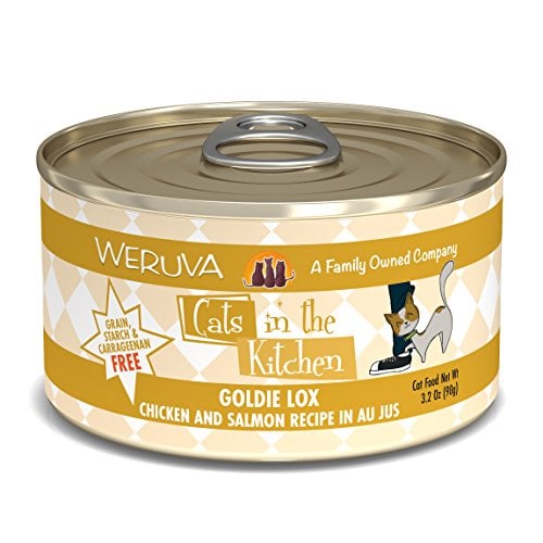 Book Cover Weruva Cats in the Kitchen, Goldie Lox with Chicken & Salmon Au Jus Cat Food, 3.2oz Can (Pack of 24)