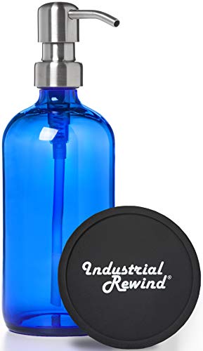 Book Cover Industrial Rewind Cobalt Blue Soap Dispenser with Stainless Metal Pump - Blue 16oz Glass Lotion Bottle