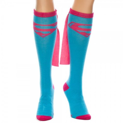 Book Cover Dc Comics Supergirl Blue Knee High Sock with Pink Cape, Blue, 9-11 (Shoe Size 5-10)