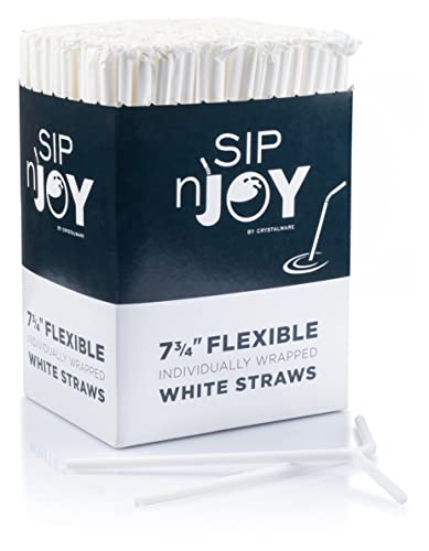 Book Cover Crystalware Bulk Pack of 380 Flexible Plastic Drinking Straws - White, Individually Wrapped, Food-Safe BPA Free, 7.75 Inches Long (380 Straws)