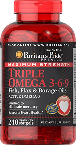 Book Cover Puritan's Pride Triple Omega 3-6-9 Fish, Flax, and Borage Oils, Omega Fatty Acid Supplement, Purified to Eliminate Mercury, Supports Heart Health, 240 Rapid Release Softgels