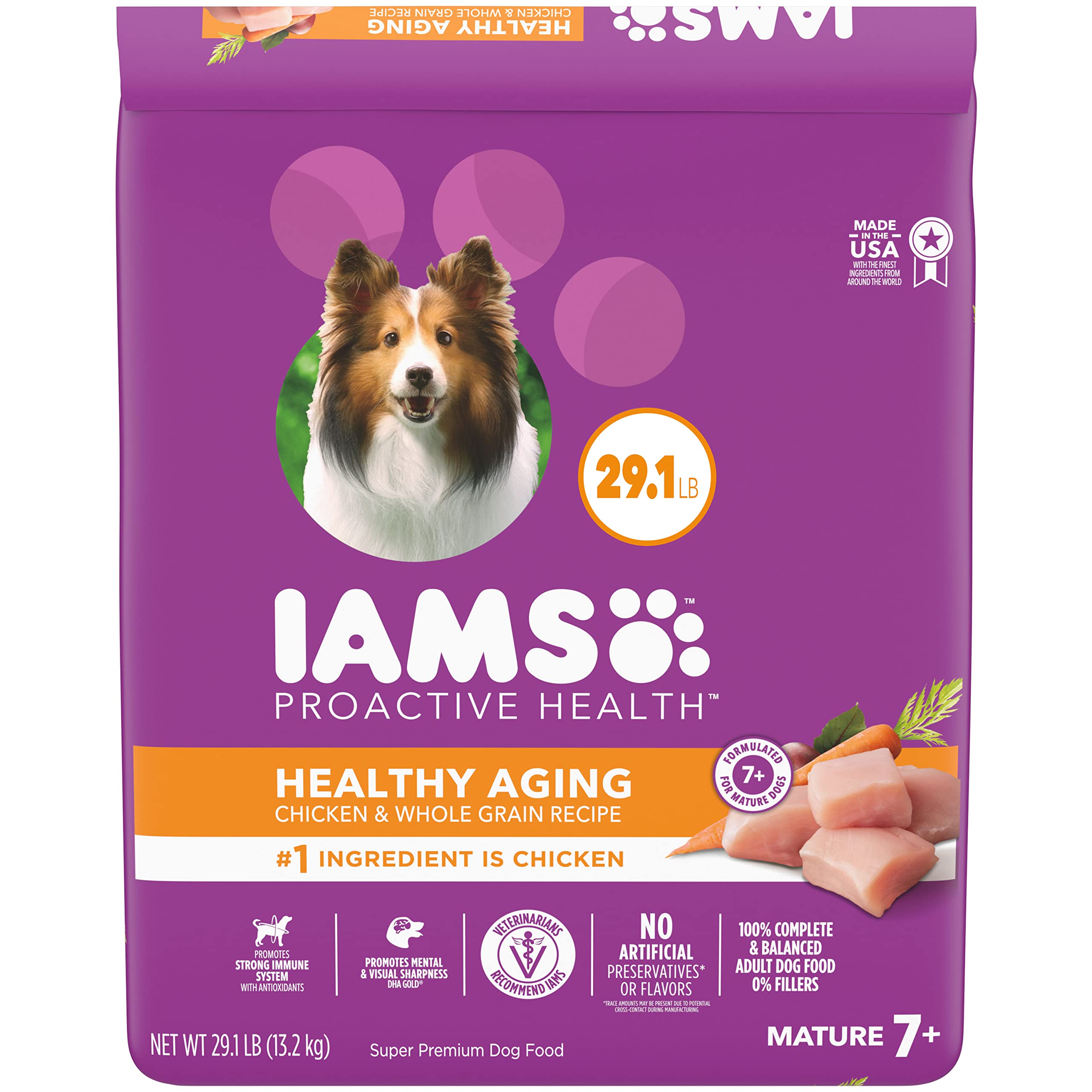 Book Cover IAMS PROACTIVE HEALTH Mature Adult Dry Dog Food for Senior Dogs with Real Chicken, 29.1 lb. Bag