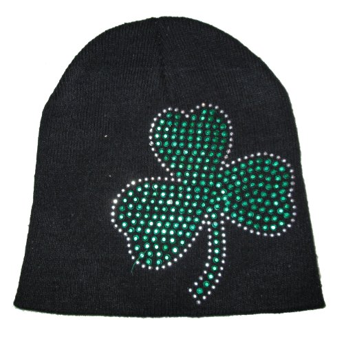 Book Cover Rhode Island Novelty St. Patcks Day Black Knit Beanie Hat with Green Rhinestone Shamrock