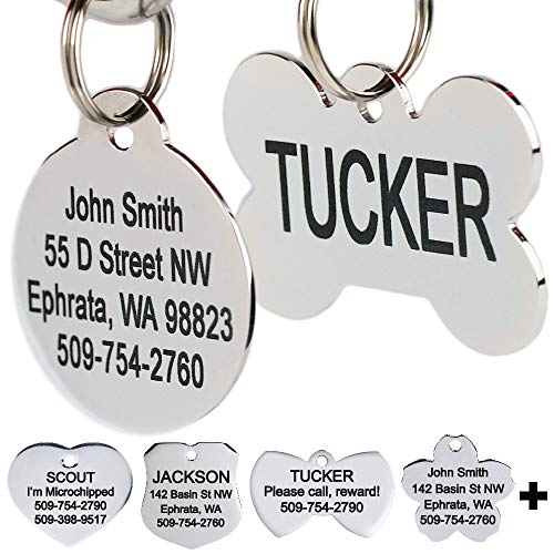 Book Cover GoTags Stainless Steel Pet Id Tags, Personalised Dog Tags & Cat Tags. Up to 8 Lines of Text â€“ Engraved Front & Back. Bone, Round, Heart, Flower, Shield, House, Star, Rectangle, Bow Tie.