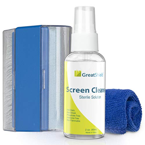 Book Cover GreatShield Universal Screen Cleaning Kit, Microfiber Cloth + 2 Sided Brush + Non-Streak Solution Spray [for TV, Laptops, PC Monitors, Smartphones, Tablets, Camera, Keyboard and Other Electronics]