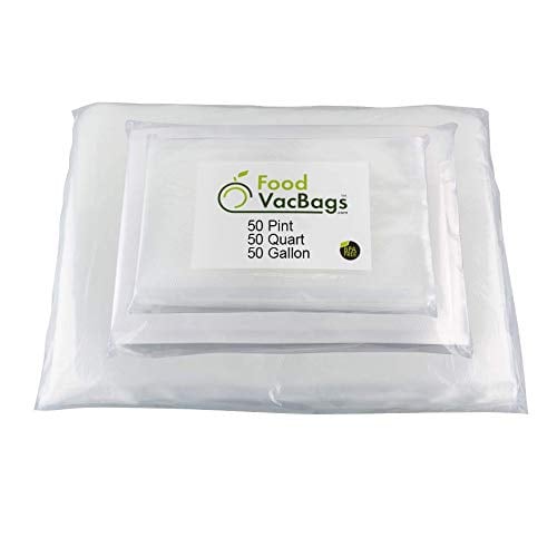 Book Cover 150 Combo FoodVacBags Vacuum Seal Bags - 3 sizes! 50 Pint, 50 Quart and 50 Gallon, Commercial Grade, Sous Vide, No BPA, Boil, Microwave