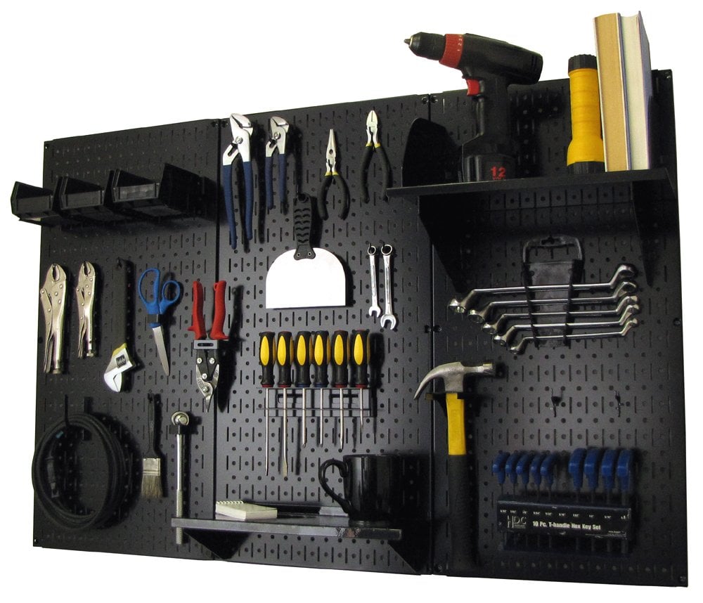Book Cover Pegboard Organizer Wall Control 4 ft. Metal Pegboard Standard Tool Storage Kit with Black Toolboard and Black Accessories Black Storage