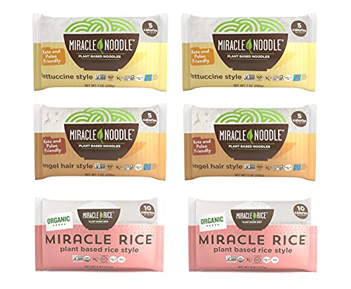 Book Cover Miracle Noodle Pasta & Rice Variety Pack - Fettuccine & Angel Hair Plant Based Shirataki Noodles - Plant Based Miracle Rice - Keto, Vegan, Gluten-Free, Low Carb, Paleo - 2 Bags of Each (Pack of 6)