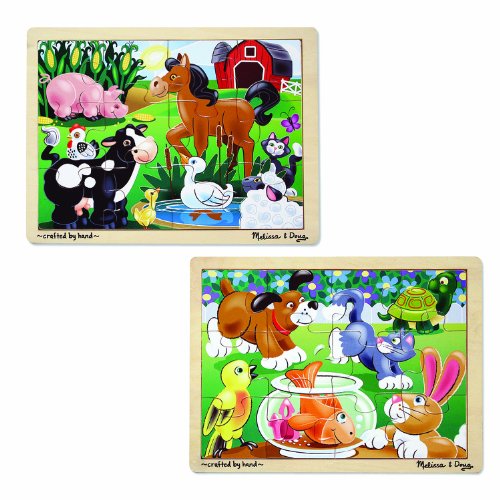 Book Cover Melissa & Doug Animals Wooden Jigsaw Puzzles Set - Pets and Farm Life (12 pcs each)