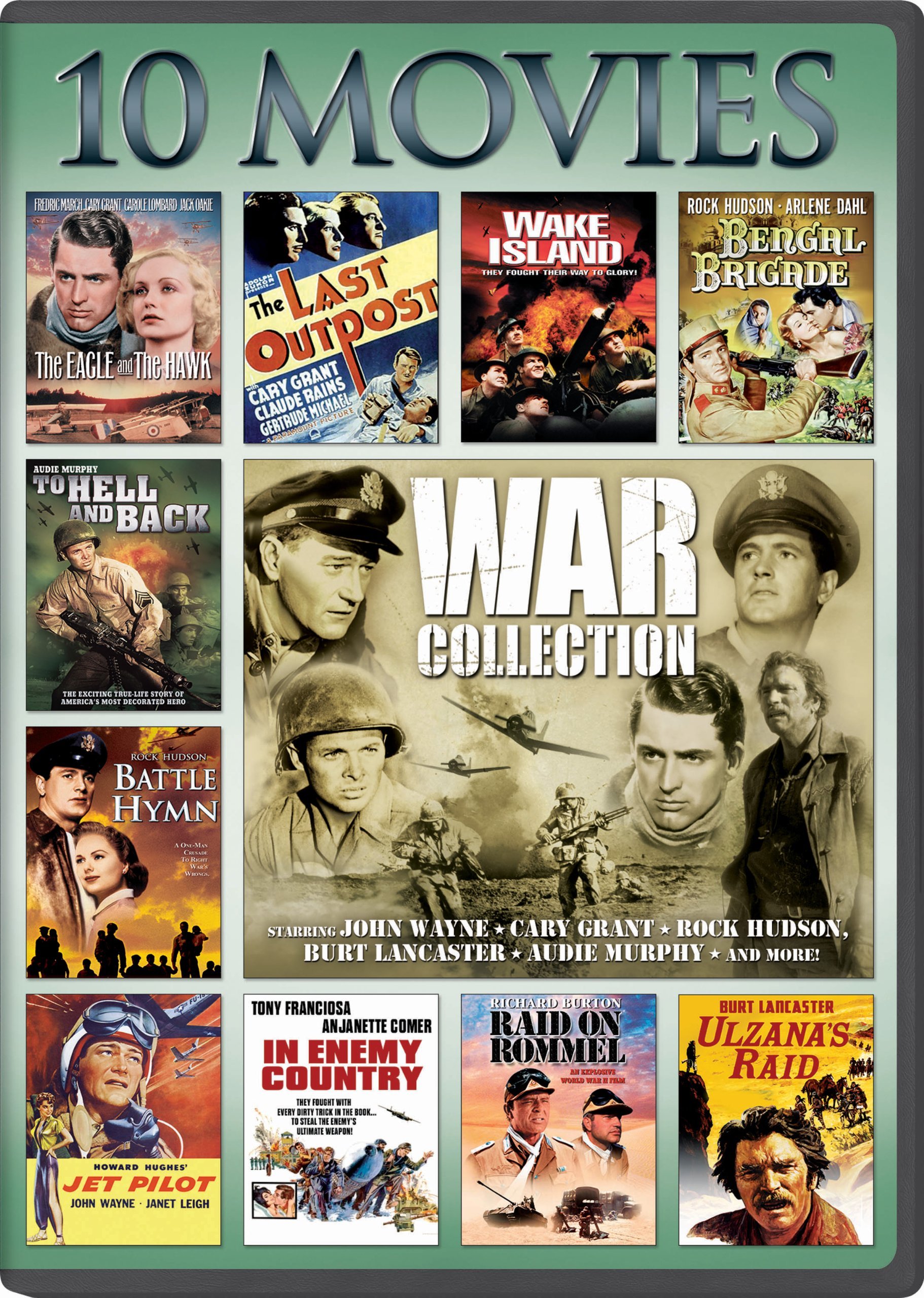 Book Cover War, 10-Movie Collection: The Eagle and The Hawk / The Last Outpost / Bengal Brigad / Jet Pilot / Ulzana's Raid / To Hell and Back / In Enemy Country / Raid on Rommel / Battle Hymn / Wake Island(Packaging may vary)