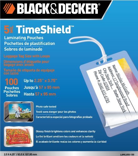 Book Cover BLACK + DECKER TimeShield Thermal Laminating Pouches, Luggage Tag with Loops, 5 mil - 100 Pack (LAMLUG5-100)