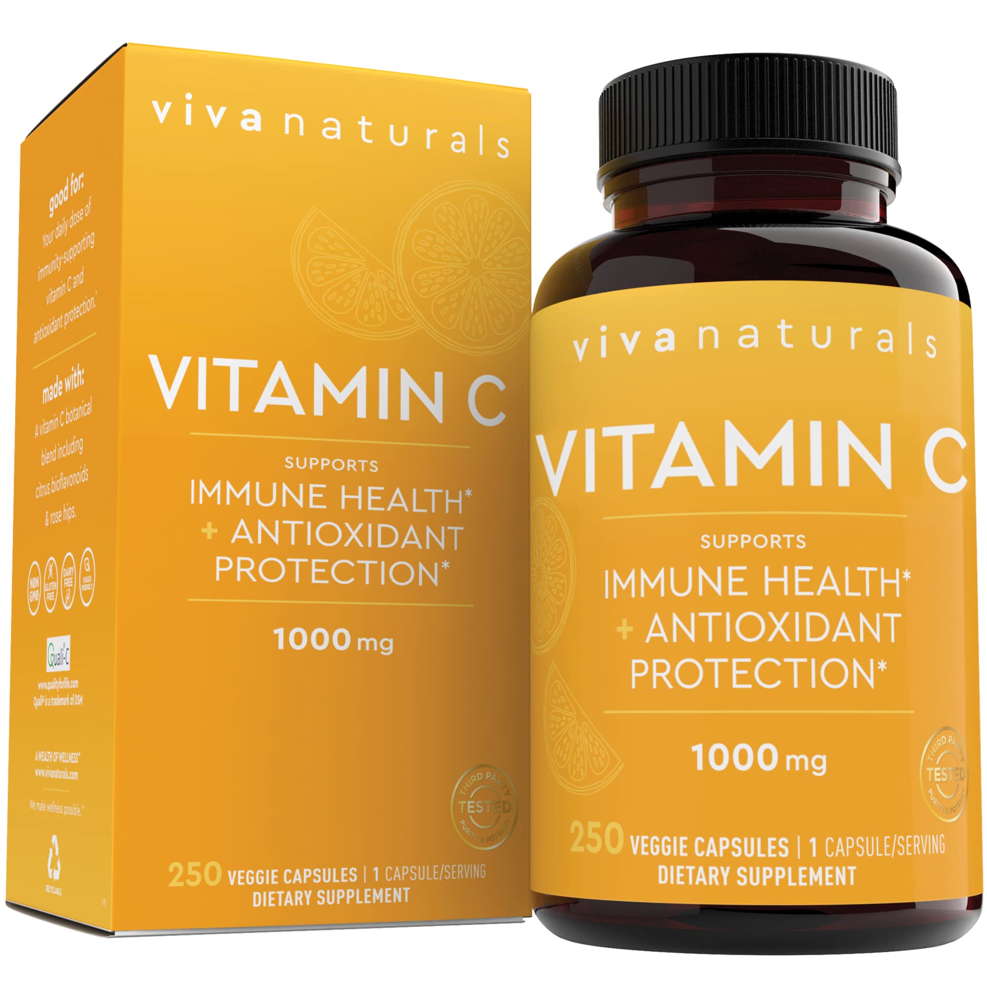 Book Cover Viva Naturals Vitamin C 1000mg - Non-GMO Vitamin C Supplements with Citrus Bioflavonoids & Rose Hips for Immune Support & Antioxidant Protection, 250 Vegetarian Capsules