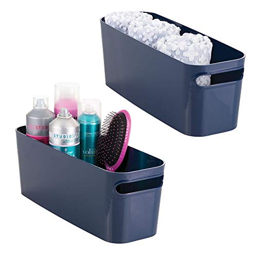 Book Cover mDesign Bathroom Vanity Plastic Organizer Storage Bin Tote with Handles for Health and Beauty Products, Shampoo Bottles, Lotions, Hand Towels - 2 Pack - Navy Blue