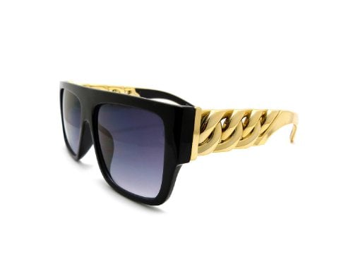 Book Cover High Fashion Metal Chain Arm Flat Top Aviator Sunglasses (Shiny Black Gold)