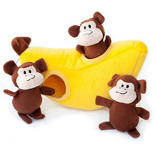 Book Cover ZippyPaws Burrow, Zoo Friends Monkey 'n Banana - Interactive Dog Toys for Boredom - Hide and Seek Dog Toys, Colorful Squeaky Dog Toys for Small & Medium Dogs, Plush Dog Puzzles
