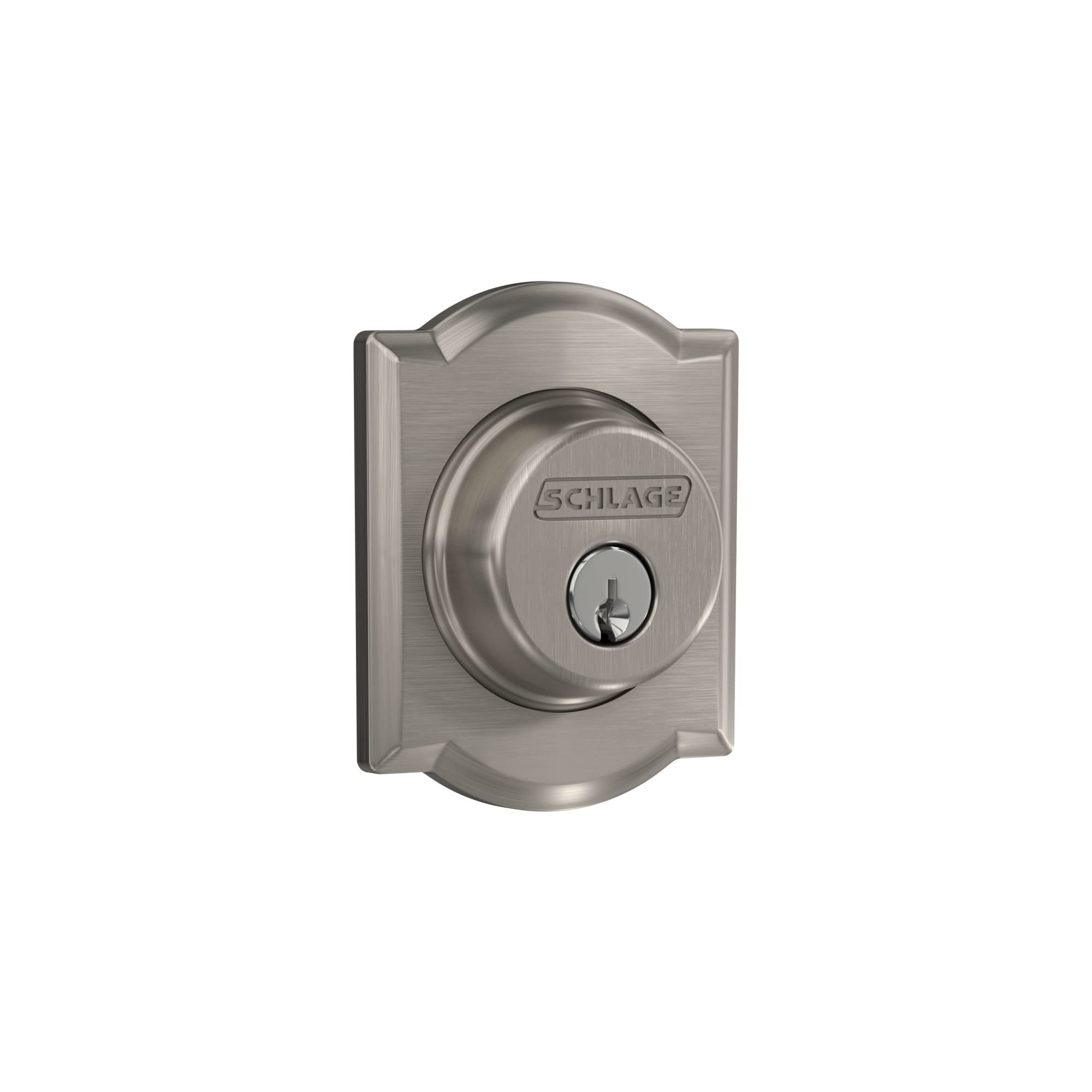 Book Cover Schlage Lock Company Single Cylinder Deadbolt with Camelot Trim, Satin Nickel (B60 N CAM 619)