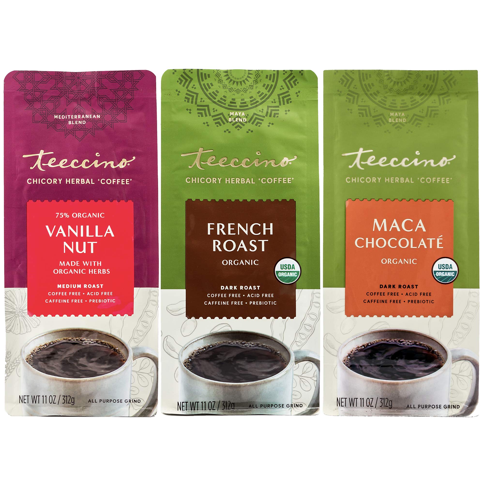 Book Cover Teeccino Herbal Coffee Variety Pack - Vanilla Nut, French Roast, Maca Chocolaté - Ground Herbal Coffee That’s Prebiotic, Caffeine-Free & Acid Free, Dark Roast, 11 Ounce (Pack of 3)