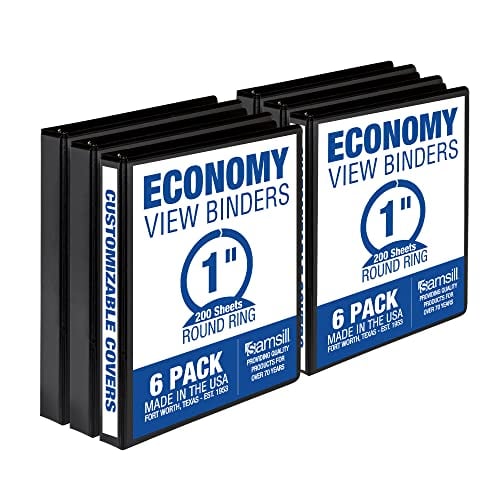 Book Cover Samsill Economy 1 Inch 3 Ring Binder, Made in The USA, Round Ring Binder, Customizable Clear View Cover, Black, 6 Pack (I08530)