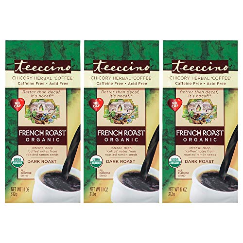 Book Cover Teeccino French Roast Organic Chicory Herbal Coffee Alternative, Caffeine Free, Acid Free, Coffee Substitute, Prebiotic, 11 Ounce (Pack of 3)