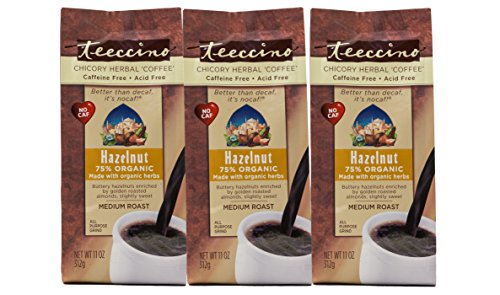 Book Cover Teeccino Hazelnut Chicory Herbal Coffee Alternative, Caffeine Free, Acid Free, Coffee Substitute, Prebiotic, 11 Ounce (Pack of 3)