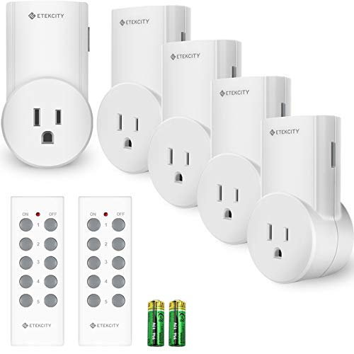 Book Cover Etekcity 5 Pack Wireless Remote Control Outlet Switches with 2 remotes(Battery included): These sockets/wall plugs are the newest/smaller version with a 100ft range. It is the first and only version allowing you to program each button. One remot
