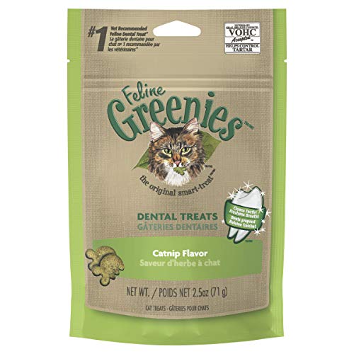Book Cover FELINE GREENIES Dental Natural Cat Treats Catnip Flavor, 2.5 oz. Pouch