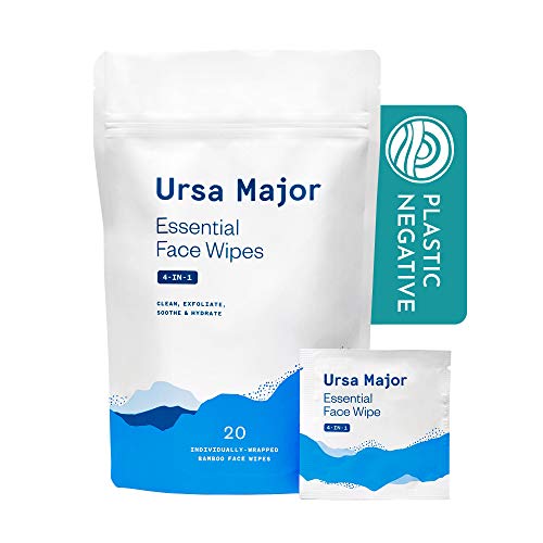 Book Cover Ursa Major Essential Face Wipes | Natural, Biodegradable, Cruelty-Free | Cleanse, Exfoliate, Soothe and Hydrate | Individually Wrapped | 20 Count