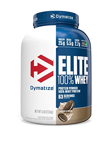 Book Cover Dymatize Elite 100% Whey Protein Powder, 25g Protein, 5.5g BCAAs & 2.7g L-Leucine, Quick Absorbing & Fast Digesting for Optimal Muscle Recovery, Cookies and Cream, 5 Pound, 63 Servings