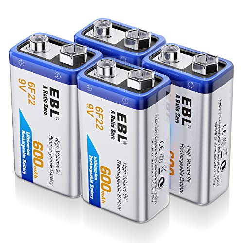 Book Cover EBL 4 Pack 9V 6F22 600mAh High Volume Lithium-ion Rechargeable 9 Volt Li-ion Batteries