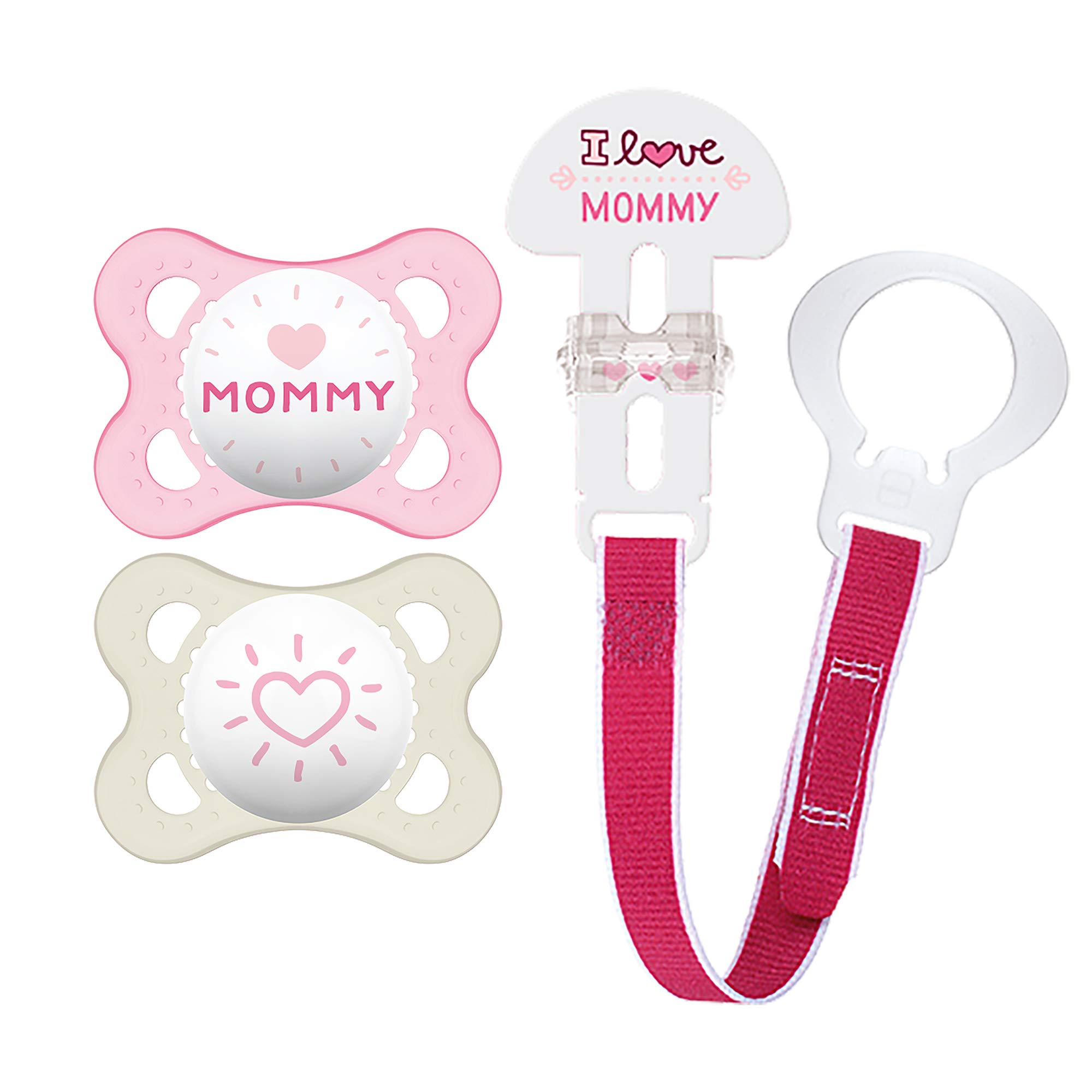 Book Cover MAM Original Value Pack Baby Pacifier, Nipple Shape Helps Promote Healthy Oral Development, Universal Pacifier Clip, 2 Pacifiers + 1 Pacifier Clip, 0-6 Months, Love & Affection/Girl 'I Love Mommy' Girl 2 Pacifiers + Clip