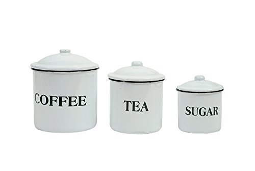 Book Cover Creative Co-op Metal Containers with Lids, Coffee, Tea, Sugar (Set of 3 Sizes/Designs) Food Storage, White