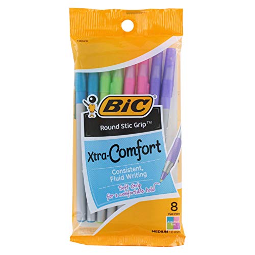 Book Cover BIC Round Stic Grip Xtra Comfort Fashion Ballpoint Pens, Assorted Fashion Colors, Pack of 8