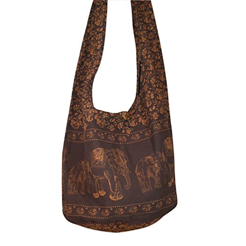 Book Cover Hippie Elephant Sling Crossbody Bag Shoulder Bag Purse Thai Top Zip Handmade, Dark Brown