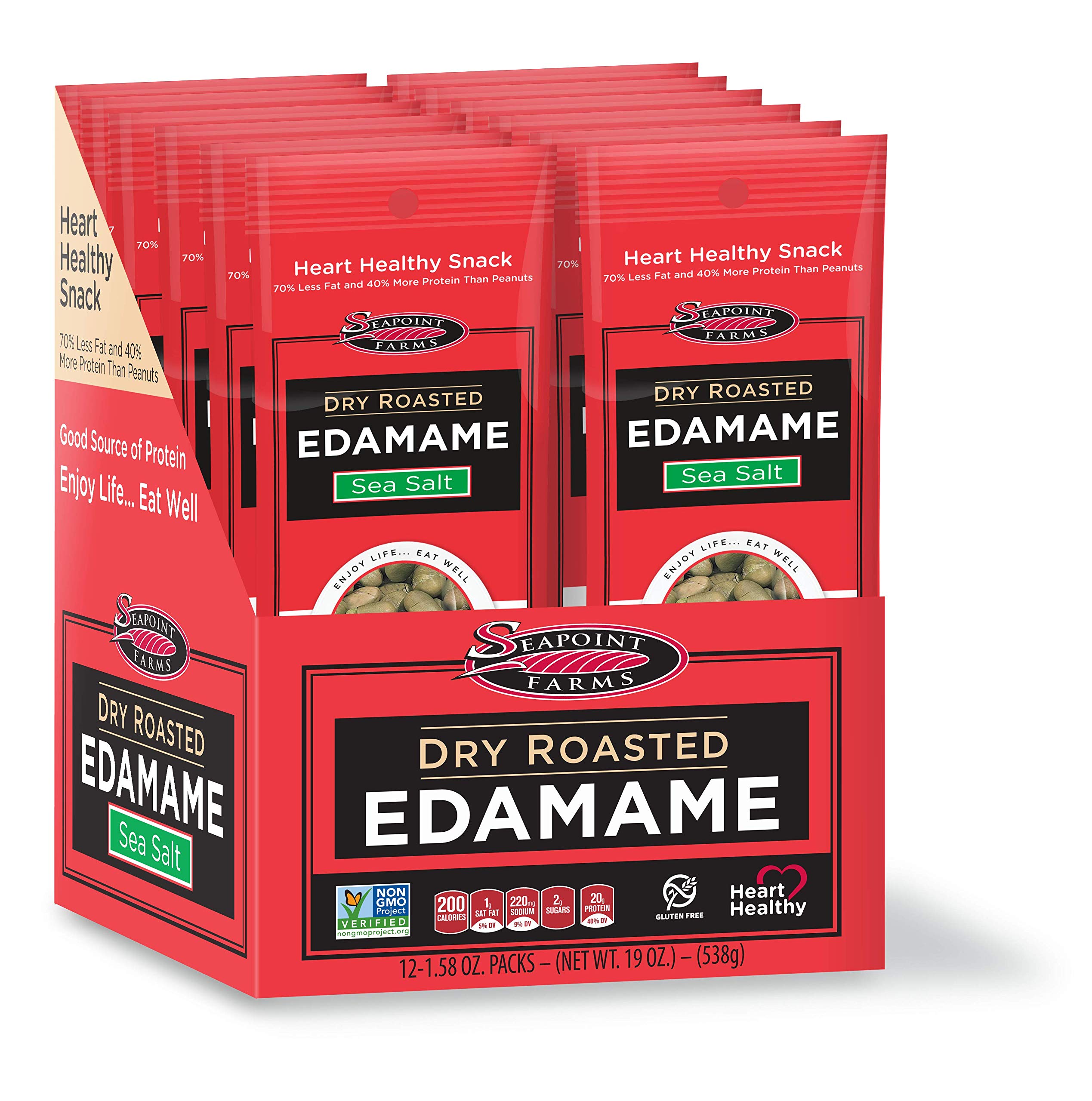 Book Cover Seapoint Farms Dry Roasted Edamame, Sea Salt, Vegan, Gluten-Free, Kosher, and Non-GMO, Crunchy Snack for Healthy Snacking, 1.58 oz (Pack of 12) Sea Salt 1.58 Ounce (Pack of 12)