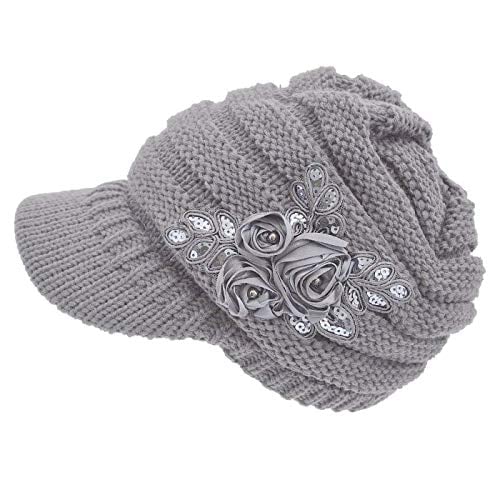 Book Cover Women's Cable Knit Visor Hat with Flower Accent Grey Color