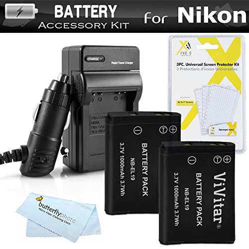 Book Cover 2 Pack Battery and Charger Kit for Nikon Coolpix S3700, S2800 S2900, S33, S7000, S6900, S6400, S5200, S6500, A300, W100 Digital Camera Includes 2 Replacement EN-EL19 Batteries + AC/DC Charger + More