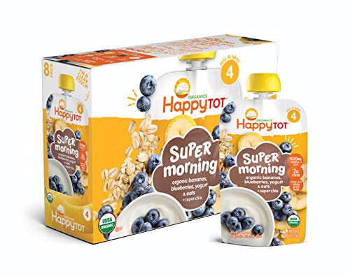 Book Cover Happy Tot Organics Stage 4 Super Morning Organics Bananas Blueberries Yogurt & Oats + Super Chia, 4 Ounce Pouch (Pack of 8) packaging may vary