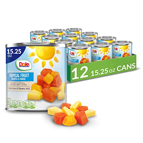 Book Cover Dole Canned Tropical Fruit in Light Syrup & Passionfruit Juice, Pineapple & Papaya, 15.25 Oz, 12 Count