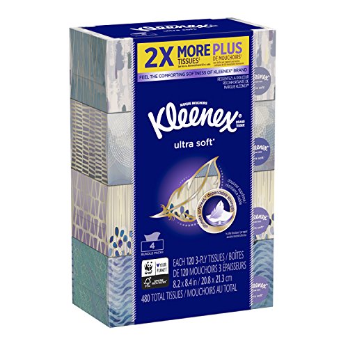Book Cover Kleenex Ultra Soft Facial Tissue Regular (Pack of 4), 3 ply, White, 480 Count (Pack of 4)