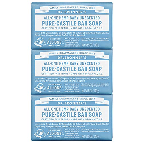 Book Cover Dr. Bronnerâ€™s - Pure-Castile Bar Soap (Baby Unscented, 5 oz, 3-pack) -Made with Organic Oils, For Face, Body & Hair, Gentle for Sensitive Skin & Babies, No Added Fragrance,Biodegradable,Vegan,Non-GMO