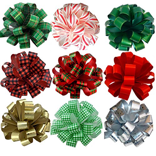 Book Cover Assorted Large Christmas Pull Bows for Gifts - 20 cm (8 in) Wide, Set of 9, Red, Green, White, Gold, Striped, Plaid, Wreath, Swag, Presents, Boxing Day, Decoration