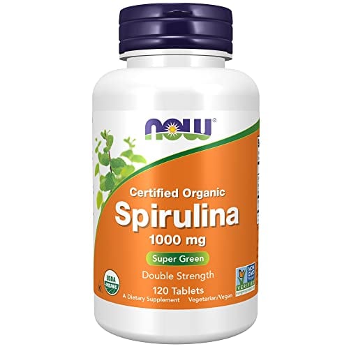 Book Cover NOW Supplements, Certified Organic, Spirulina 1000 mg (Double Strength), Rich in Beta-Carotene (Vitamin A) and B-12 with naturally occurring GLA , 120 Tablets