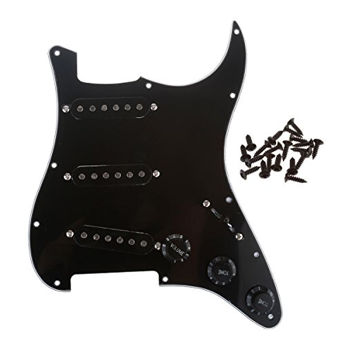 Book Cover Musiclily 11 Hole SSS Prewired Pickguard Loaded Scratch Plate with Single Coil Pickups Set for Fender Stratocaster Strat Style Electric Guitar,3 Ply Black