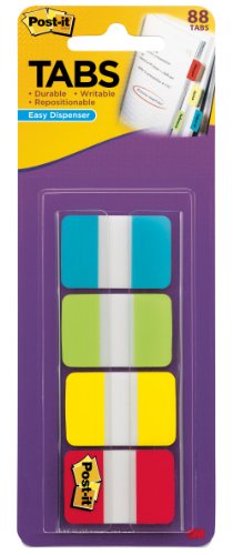 Book Cover Post-it Tabs, 1-Inch Solid, Aqua, Lime, Yellow, Red, 22/Color, 88 per Dispenser (686-ALYR1IN)
