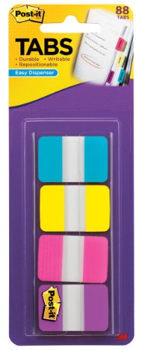 Book Cover Post-it Tabs, 1-Inch Solid, Aqua, Yellow, Pink, Violet, 22/Color, 88 per Dispenser (686-AYPV1IN)