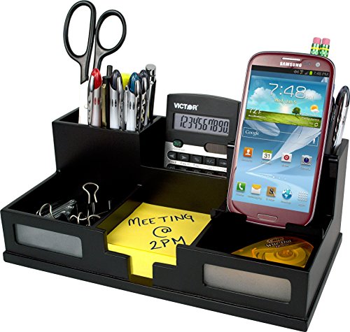 Book Cover Victor Wood Desk Organizer with Smart Phone Holder, Midnight Black, 9525-5