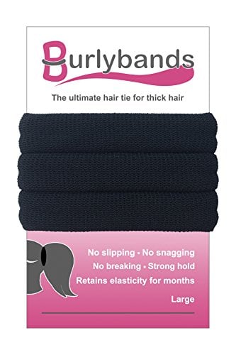 Book Cover Burlybands - The Ultimate Hair Ties for Thick Heavy or Curly Hair. No Slipping Snagging Breaking or Stretching Out. Heavy Duty Seamless Ponytail Holders for Thick Hair (Black, Large, One 3 Pack) by Burlybands