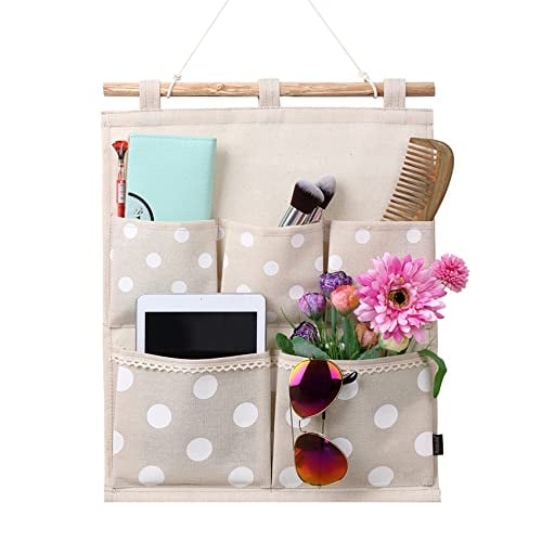 Book Cover Homecube Linen Cotton Fabric Wall Door Cloth Hanging Storage Bag Case 5 Pocket Home Organizer (White Polka Dots)